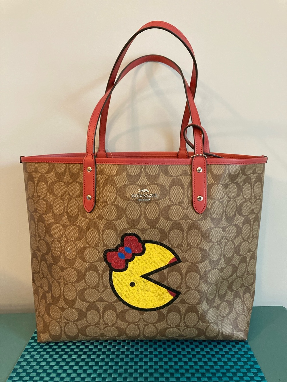 NWT Coach x Ms. Pac-Man Reversible City Tote Khaki Washed Red